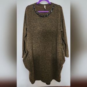 Made in Italy Brown Oversized Sweaterdress with jeweled collar